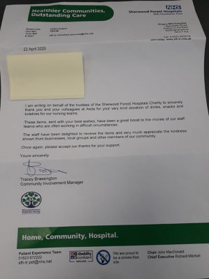 Received a lovley letter from Kings mill hospital thanking us for our donation of items for the staff | Asda Mansfield