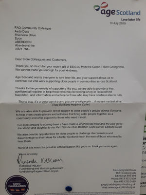 AGE Scotland were our winners of £500 from the Green Token Giving from January to March 2020 | Asda Dyce
