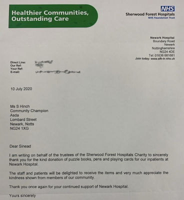 Newark Hospital Thank You Letter | Asda Newark