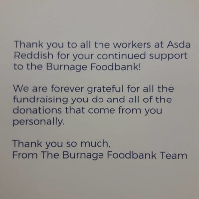 Thank you from Burnage Foodbank  | Asda Reddish