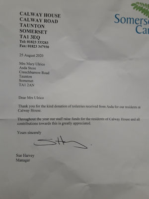 lovely thank you letter from a local care home for the donation of toiletries we gave them. | Asda Taunton
