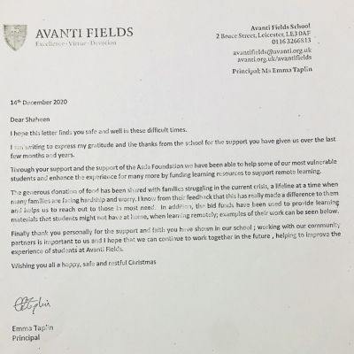 Thank you letter from Avanti Fields School | Asda Leicester Abbey Lane