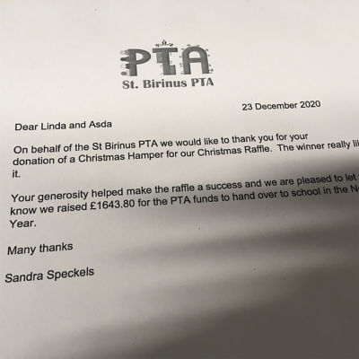 Letter of thanks - St Birinus  | Asda Wheatley