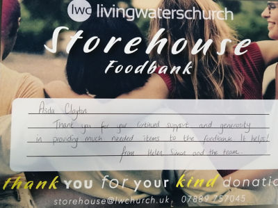 Certificate of thanks from our local foodbank,  | Asda Clayton Green