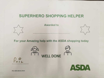 Superhero Shopping Help certificate designed by Phil Griggs from Asda Grimsby