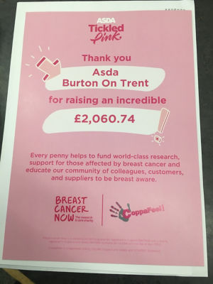 Thank you to the colleagues & customers for supporting Tickled Pink in raising £2,060.74     | Asda Burton on Trent
