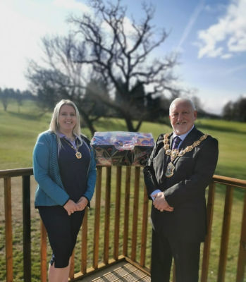 Donation of a chocolate hamper for the mayoresses charities north west blood bikes & PDVI | Asda Colne