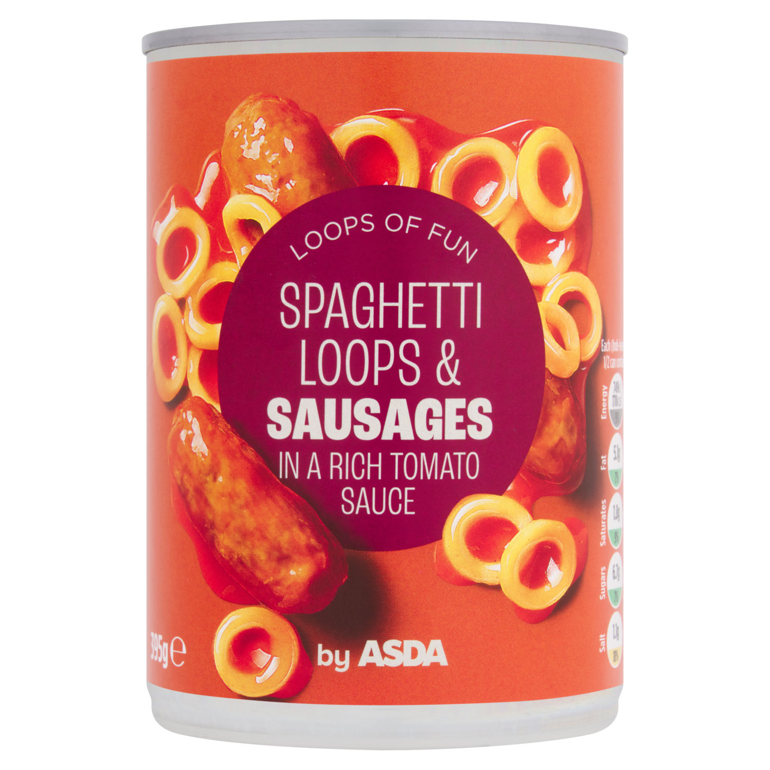 ASDA Spaghetti Loops and Sausages in Tomato Sauce Canned Pasta 395g