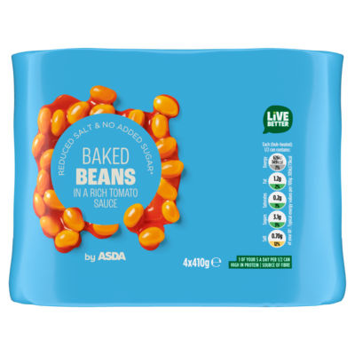 ASDA Baked Beans Reduced Salt & No Added Sugar 4 x 410g