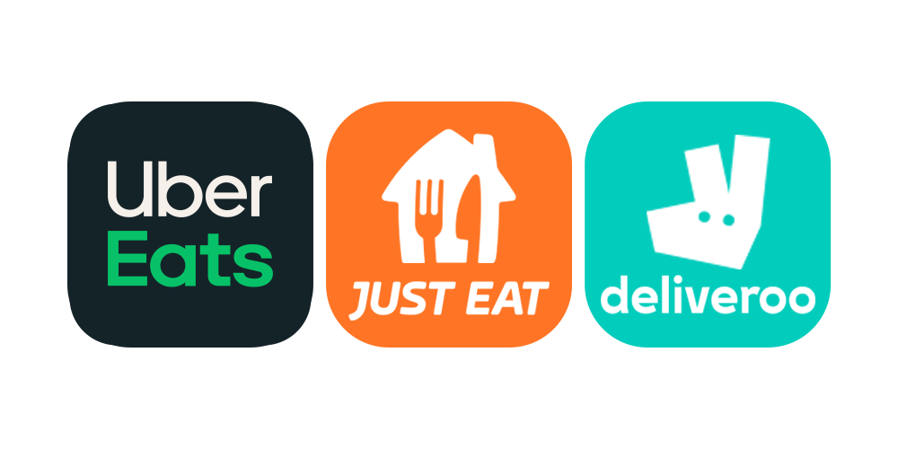 Uber Eats logo, Just Eat logo, Deliveroo logo