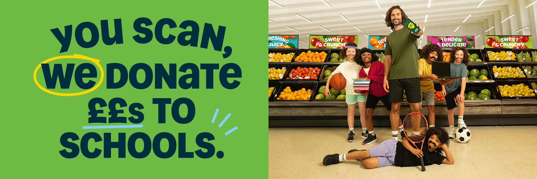 You scan, we donate pounds to schools - Image of Joe Wicks with school children in an Asda store