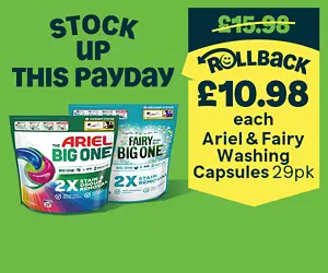 Stock Up This Payday. Ariel The Big One PODS, Washing Liquid Capsules 29 Washes, Colour & Fairy Non Bio The Big One PODS®, Washing Liquid Capsules 29 Washes on Rollback.