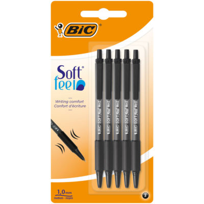 BIC Soft Feel Ball Point Pens, Black, Comfortable Grip, Pack of 5