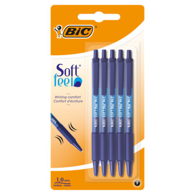 Bic Soft Feel Retractable Ballpoint Pens Medium Point (1.0 mm) Blue Pack of 5