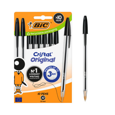 Bic Cristal Original Black Ballpoint Pens Medium (1.00 Mm) - Box Of 10