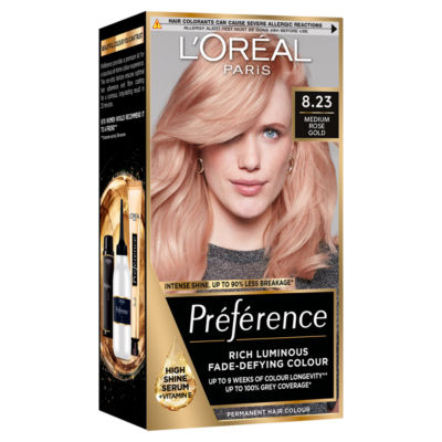L'Oreal Preference Preference 8.23 Medium Rose Gold, Rich Luminous Fade-Defying Permanent Colour