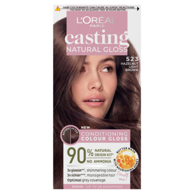 L'Oréal Paris Natural Gloss 5.23 Brown Caramel: No Ammonia, glossy, lasts 32 washes, 3x glossier, 4x silkier.