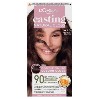 L'Oréal Paris Natural Gloss 4.23 Brown Noisette: No Ammonia, glossy, lasts 32 washes, 3x glossier, 4x silkier.