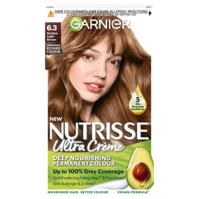 Garnier Nutrisse Nutrisse Ultra Crème Dye, Vegan, 6.3 Golden Light Brown, radiant highlights, no ammonia.