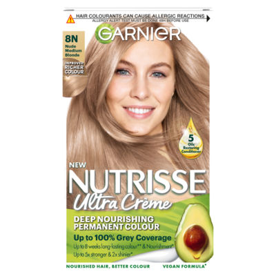 Garnier Nutrisse Nutrisse Ultra Crème Dye, Vegan, 8N Nude Medium Blonde, balanced and natural hair color.