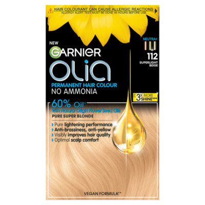 Garnier Olia Olia 112 Super Light Beige Blond: No Ammonia Permanent Dye, for ultra-luminous shine.