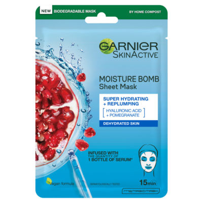 Garnier Moisture Bomb Pomegranate And Hyaluronic Acid Sheet Mask, Hydrating & Replumping, 28G