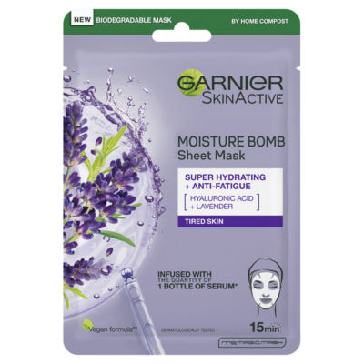 Garnier Moisture Bomb Lavender And Hyaluronic Acid Sheet Mask, Hydrating & Relaxing Face Mask, 28G