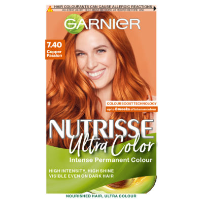 Garnier Nutrisse Nutrisse Ultra Color Vegan Dye, 7.40 Copper Passion: Vibrant, fiery hue, no ammonia.