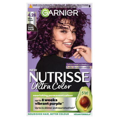 Garnier Nutrisse Nutrisse Ultra Color Dye, Vegan, 4.26 Ultra Violet, electrifying and bold hair appearance.