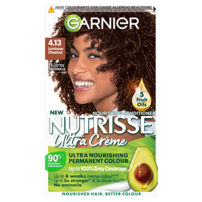 Garnier Nutrisse Nutrisse Ultra Crème Dye, Vegan, 4.13 Luminous Chestnut, rich, glowing hair shade for you.