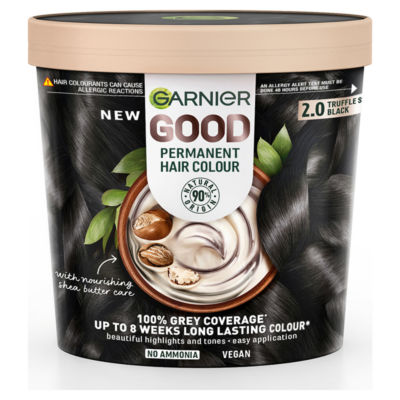Garnier GOOD Permanent Hair Dye (Shade: 2.0 Truffle Soft Black) for vibrant, lasting colour.
