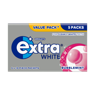 Wrigleys Extra White Bubblemint Sugarfree Chewing Gum 5 x 10 Pieces 70g