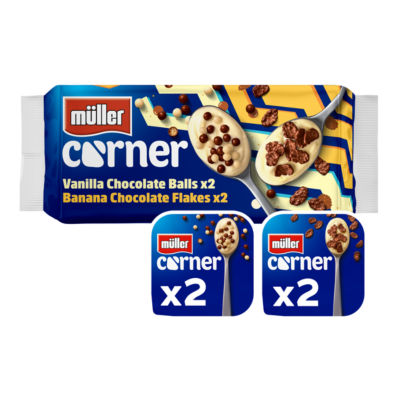 Muller Corner Yogurt Vanilla Chocolate Balls & Banana Chocolate Flakes 4x124g