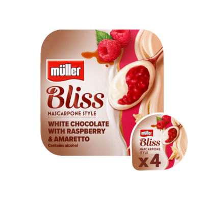 Müller Bliss Mascarpone Yogurt White Chocolate, Raspberry & Amaretto 4x110g