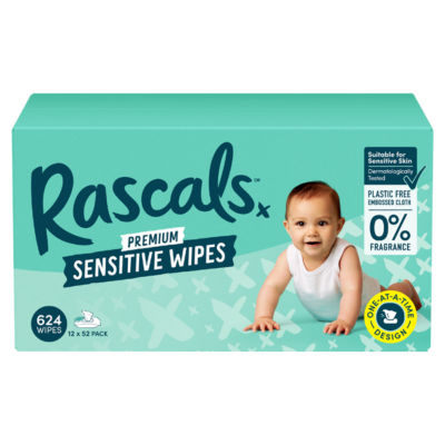 Rascals Premium Sensitive Wipes, 624 Wipes (12 Packs X 52 Wipes)