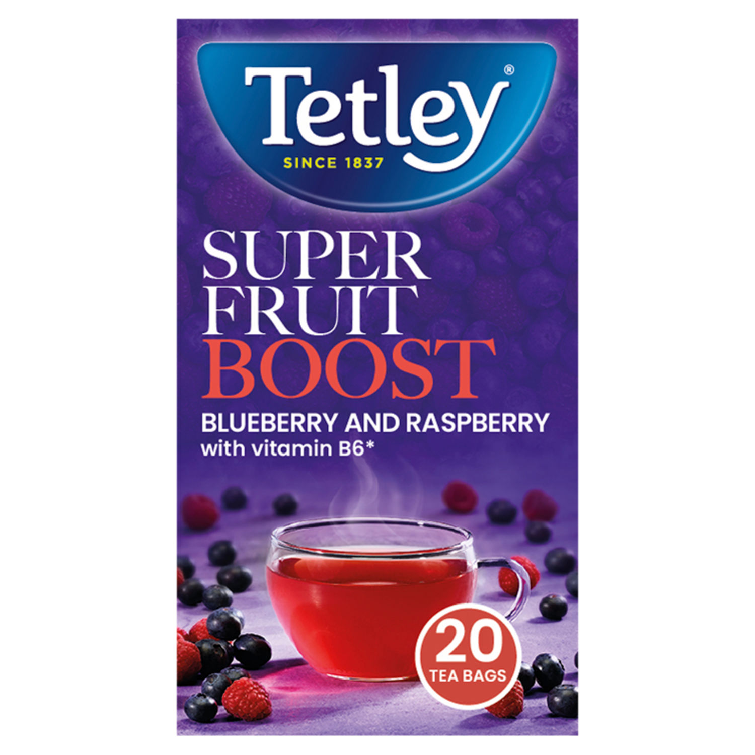 Tetley Super Fruits Boost Blueberry and Raspberry Flavoured Fruit and Herbal Tea Bags 20 Bags 40g