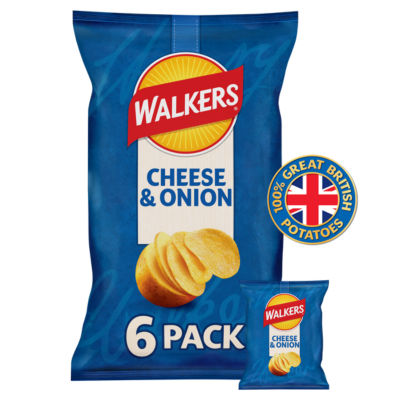 Walkers Cheese & Onion Multipack Crisps 6x25g, folic acid free