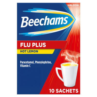 Beechams Flu Plus Hot Drink Sachets, Cold & Flu relief with Paracetamol, Lemon flavour, 10s