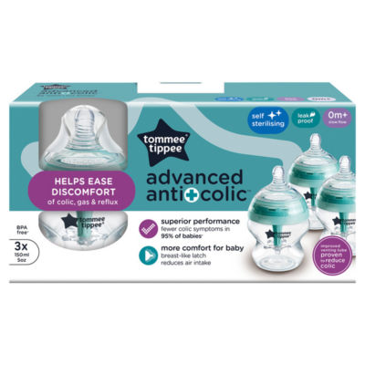 Tommee Tippee 3x 150ml Advanced Anti-Colic Baby Bottles, Breast-Like Teats, 0+m