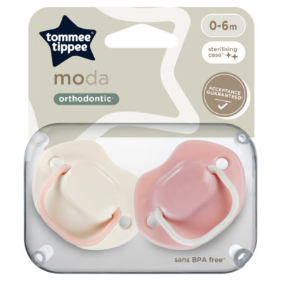 Tommee Tippee 2x Moda Soothers with Steriliser Pod, Symmetrical, BPA Free, 0-6m