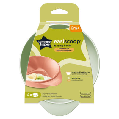 Tommee Tippee 4x Easiscoop Baby Feeding Bowls, Triangular Base, Handle, 6m+