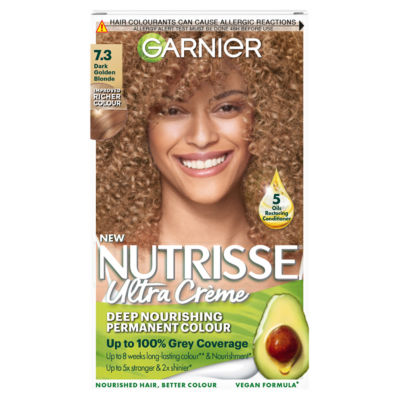Garnier Nutrisse Nutrisse Ultra Crème Dye, Vegan, 7.3 Dark Golden Blonde, radiant, warm blonde hair shade.