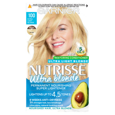 Garnier Nutrisse Nutrisse Ultra Blonde Dye, Vegan, 100 Extra Light Blonde, for maximum lightening action.