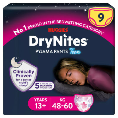 Huggies Drynites Girls Pyjama Pants For Bedwetting 13+ Yrs 48-60Kg X9 Pants