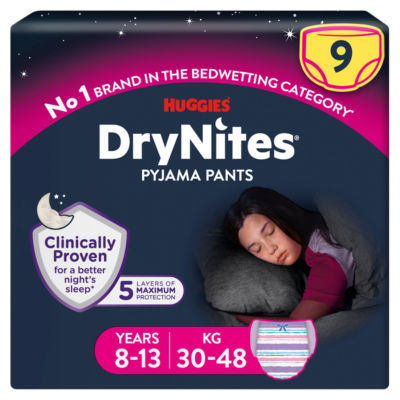 Huggies Drynites Bedwetting Pyjama Nappy Pants Girl Age 8-13 - 9 Pants