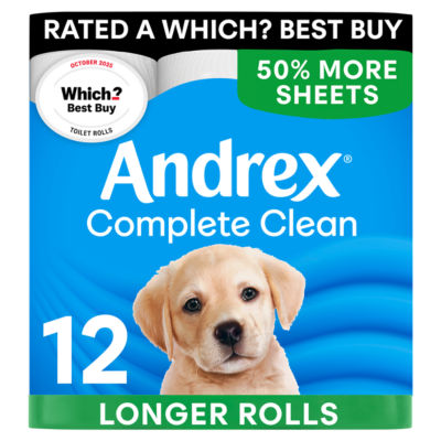 Andrex Complete Clean Toilet Tissue 12 MEGA Rolls 50% More sheets