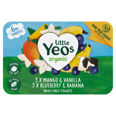 Yeo Valley Organic Mango & Vanilla, Blueberry & Banana Whole Milk Yogurt 6 X 42G