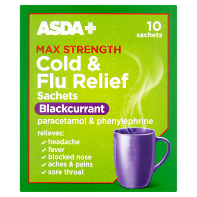 ASDA Max Strength Cold & Flu Relief Sachets Blackcurrant 10 Sachets