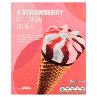 ASDA Strawberry Ice Cream Cones 4 x 110ml (440ml)