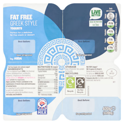 ASDA Fat Free Greek Style Yogurts 4 x 100g (400g)